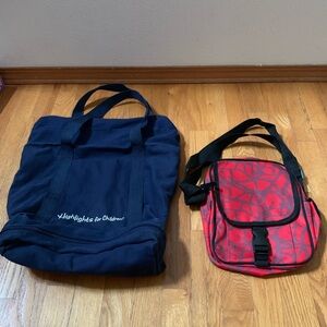 Brand NEW AARP red crossbody travel bag.& Highlights Magazine blue canvas tote.